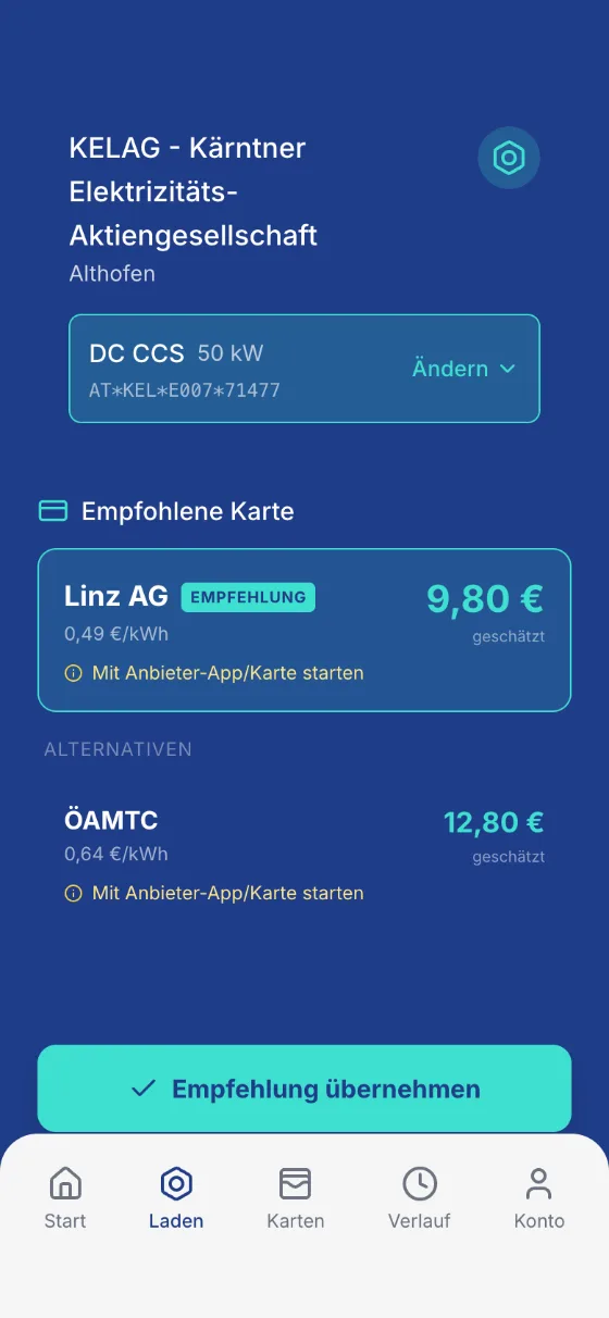 Empfohlene Karte an einer KELAG-Säule, DC 50 kW: Linz AG für 0,49 € je kWh, ÖAMTC als Alternative für 0,64 €