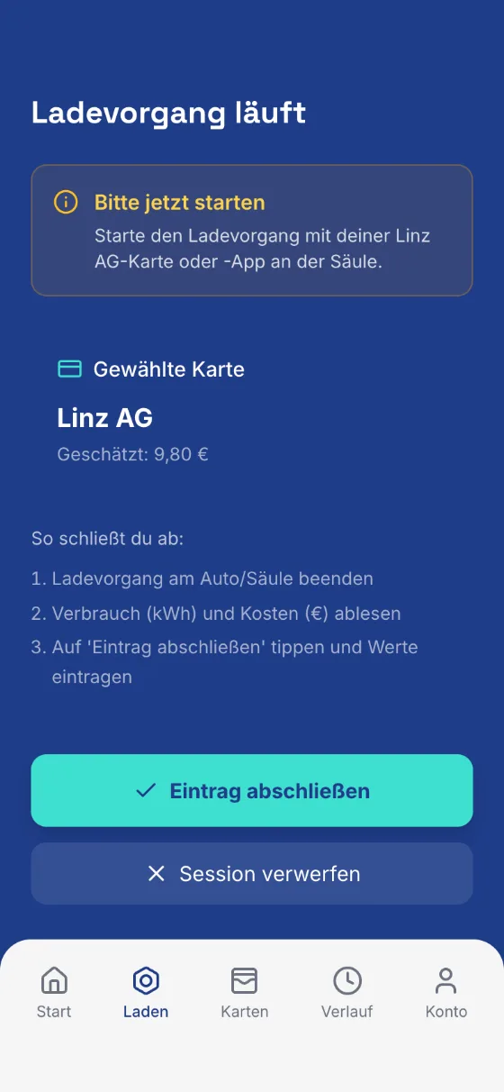 Ladevorgang läuft mit der Linz-AG-Karte, geschätzt 9,80 €
