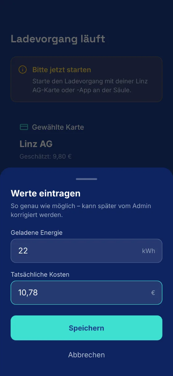 Nach dem Laden Energie und Kosten eintragen: 22 kWh, 10,78 €