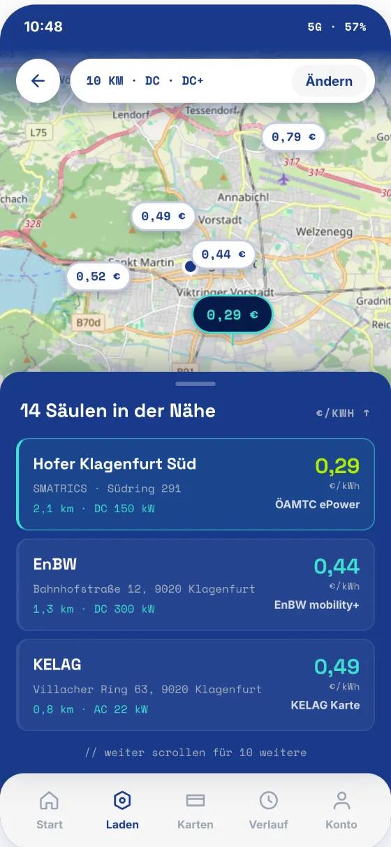 Demnächst: Karte mit Ladesäulen in der Nähe und dem Preis je kWh, darunter die Säulen nach Preis sortiert