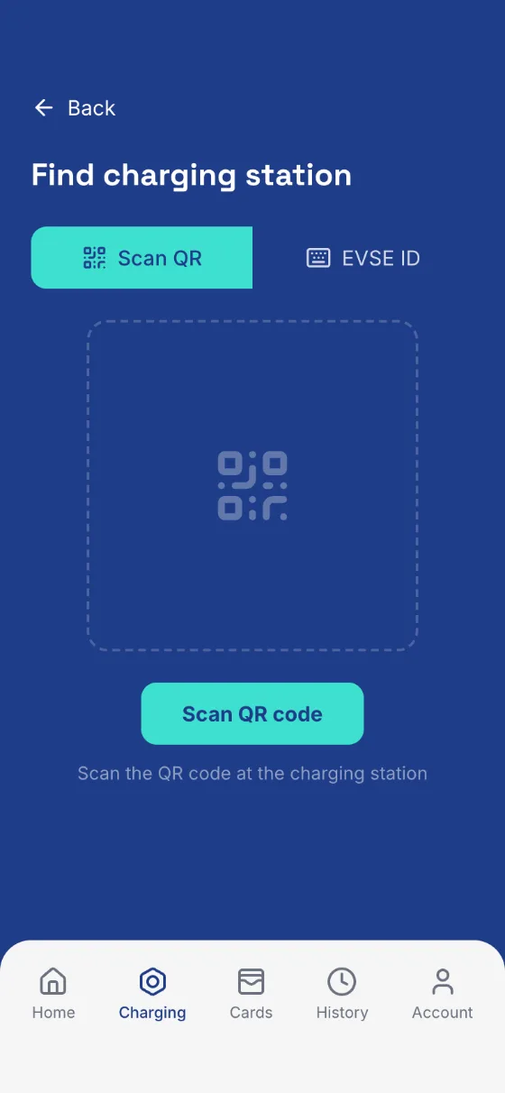 Scan the QR code on the charge point, or enter the EVSE ID