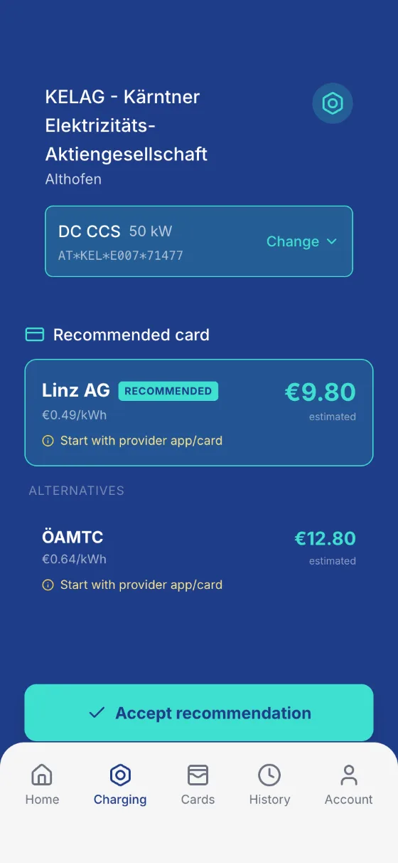 Recommended card at a KELAG charge point, DC 50 kW: Linz AG at €0.49 per kWh, ÖAMTC as the alternative at €0.64