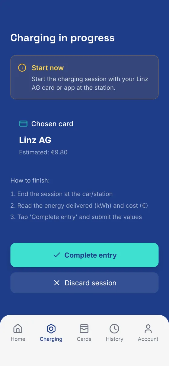 Charging in progress with the Linz AG card, estimated €9.80
