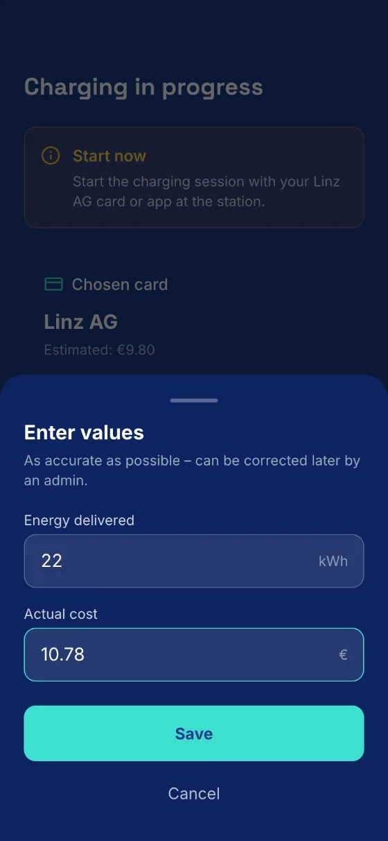 After charging, enter energy and cost: 22 kWh, €10.78